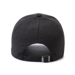 Rear view of a textured dark grey baseball cap for men with adjustable metal buckle strap