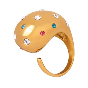 Minimalist gold titanium ring with colorful waterdrop crystals in a polished open design