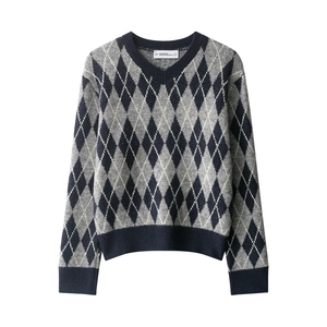 Women Argyle Sweater V-Neck Long Sleeve Knit Pullover Polyester Vintage Preppy Style Casual Warm Soft Jumper Tops