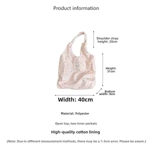 Floral tote bag dimensions: 40cm width and 31cm height with polyester lining detail