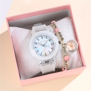 Luminous LED unicorn quartz watch with matching beaded bracelet in pink gift box