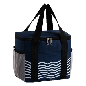 Navy blue insulated lunch bag with white wave pattern and mesh side pockets