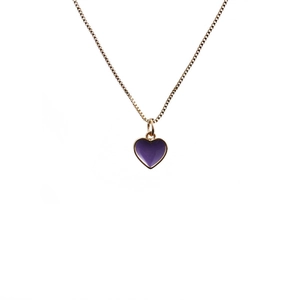 Elegant gold box chain necklace with a small purple enamel heart pendant on white background