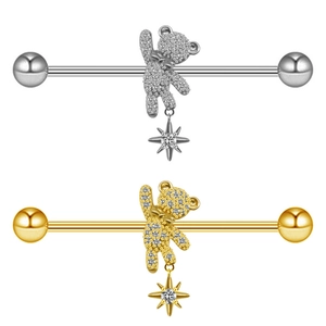 Surgical steel bear and star industrial barbell piercings with zircon inlay in silver and gold