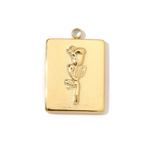 Golden stainless steel rectangular pendant featuring a 3D embossed rose on white background