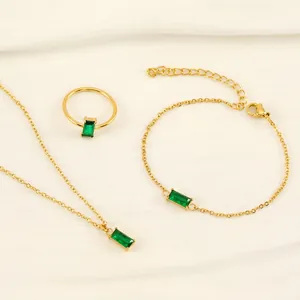 Elegant Stainless Steel Jewelry Set Green Rectangle Zircon Pendant Necklace Adjustable Bracelet Open Ring Luxury Women