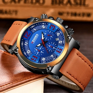 Men's chronograph watch with blue dial, bronze bezel and brown leather strap on wood