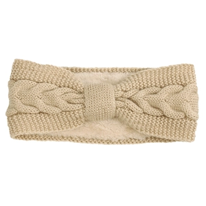 Detail of beige knitted headband with twist pattern and warm white fleece lining
