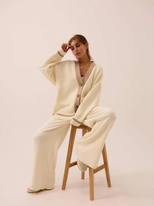 Chic cream knit set with V-neck cardigan and high-waist wide-leg trousers for women