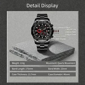 Men's black stainless steel quartz watch with luminous dial and calendar features