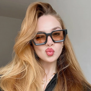 Fashionable square black thick frame sunglasses with brown lenses for men and women