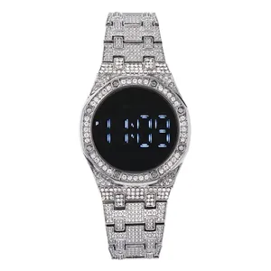 Iced out silver metal electronic watch with rhinestones and octagonal bezel