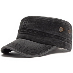 Cadet Cap For Men 100% Washed Cotton Vintage Military Style Flat Top Hat Adjustable Outdoor Casual Sunshade