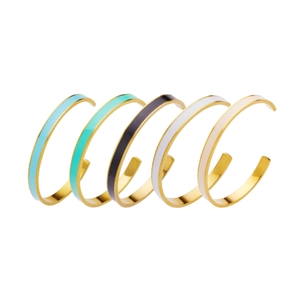 Set of five colorful enamel stainless steel cuff bracelets in gold finish for women