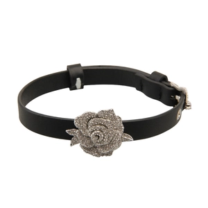 Luxurious black leather belt bracelet with a sparkling rhinestone rose flower centerpiece