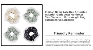 Detailed specs of 12cm floral fabric scrunchies with dimensions and weight info