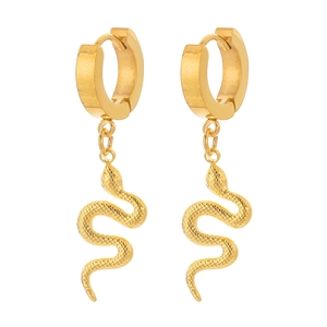 Macro shot of gold hoop earrings with detailed snake pendants and textured scales