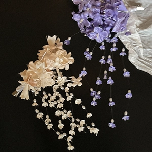 Elegant lily of the valley tassel hair clips in cream and lavender with silk petals and pearls