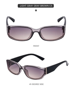 Front and side view of square light gray sunglasses with gradient brown lenses