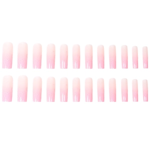 Pink gradient long coffin press-on nails with minimalist heart and star patterns