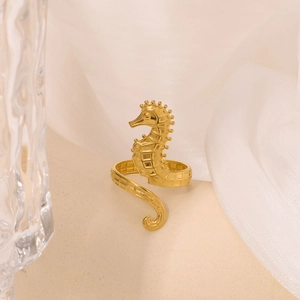 Unique 18K gold plated seahorse ring in stainless steel with adjustable open band design