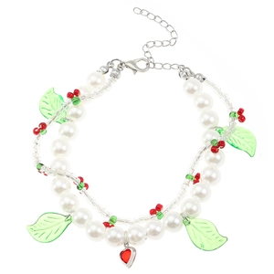 Sweet double-layer beaded bracelet with pearls, cherry charms and red heart pendant