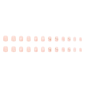 Cute pink press-on nails with white heart and cat claw patterns, 24pcs set short oval