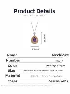 Detail view of S925 silver amethyst necklace with teardrop pendant dimensions and specifications