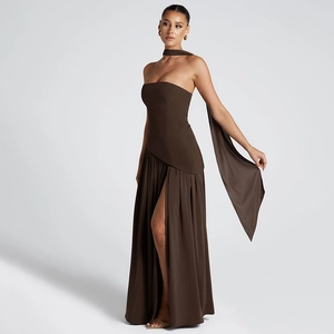 Detail of elegant dark brown tube dress featuring a side slit and matching long scarf accessory
