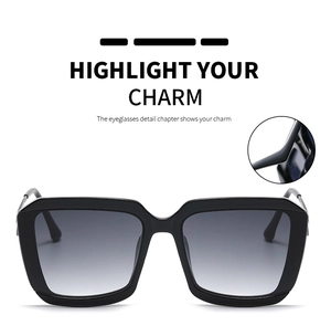 Close-up of square sunglasses hinge detail with gray gradient lenses and black frame