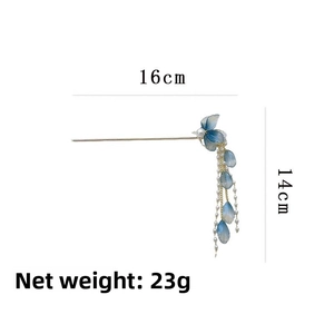 Detailed size view of blue flower hair pin with pearls and golden metal tassels