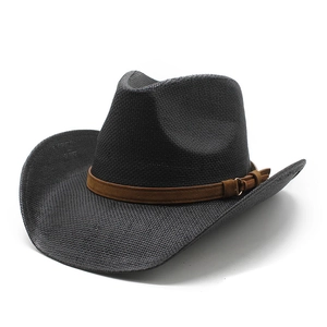 Classic black straw western cowboy hat with brown faux leather band and metal buckle