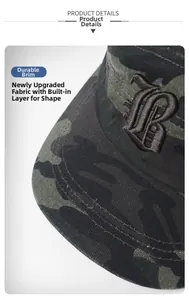 Dettaglio del cappello militare mimetico con ricamo TB e doppie cuciture rinforzate