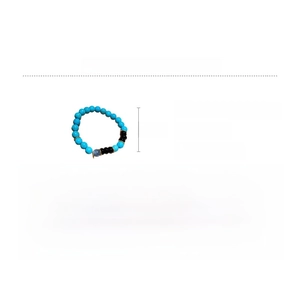 Detail showing blue crystal and green stone beaded bracelet with sizing specifications