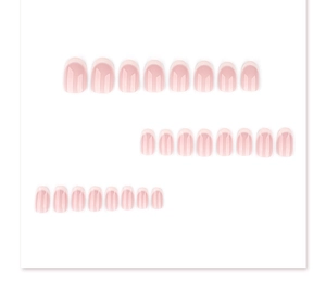 Detailed set of 24 short round press-on nails in sheer pink with subtle vertical stripe design