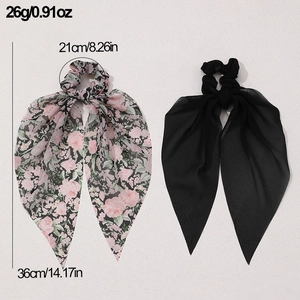 Detail showing dimensions of leopard floral and black chiffon hair scrunchies with long ribbons
