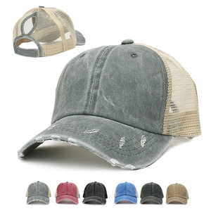 Washed Cotton Ponytail Baseball Cap Distressed Mesh Trucker Hat Breathable Outdoor Sun Hat Vintage Style For Women