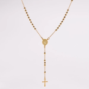 Detailed view of golden stainless steel rosary necklace with Miraculous Medal and cross
