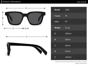 Detailed size chart and specifications for square PC frame sunglasses model 1246
