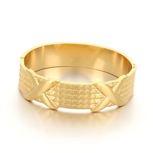 18K gold plated stainless steel wide bangle with textured lattice and X pattern