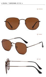 Three-angle view of irregular metal frame sunglasses in bronze with brown lenses