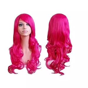 80cm long wavy bright pink cosplay wig shown from front and back on white background