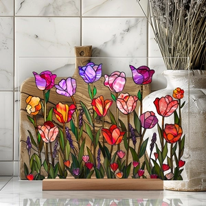 Floral acrylic desktop plaque with tulip pattern and wooden base in a kitchen setting