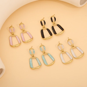 Geometric Stainless Steel Drop Earrings With Enamel Marble Texture Elegant Fashion Jewelry For Women