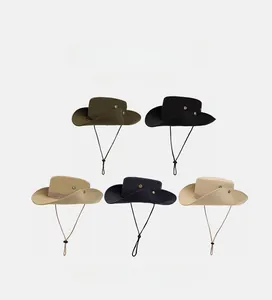 Detail of five outdoor sun hats with wide brims and adjustable windproof drawstrings