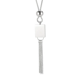 Minimalist silver long tassel necklace with square plate and chain fringes in stainless steel