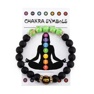 Detail of chakra stone bracelet on a white meditation card with colorful energy symbols