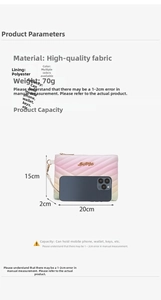 Detailed dimensions of the rainbow striped clutch bag with a size reference phone