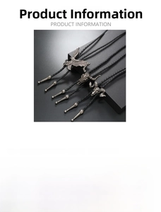 Detail of vintage bolo tie showing braided PU leather rope and carved metal eagle pendant