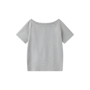 Detailed flat lay of a grey off-shoulder T-shirt showing its cotton blend texture